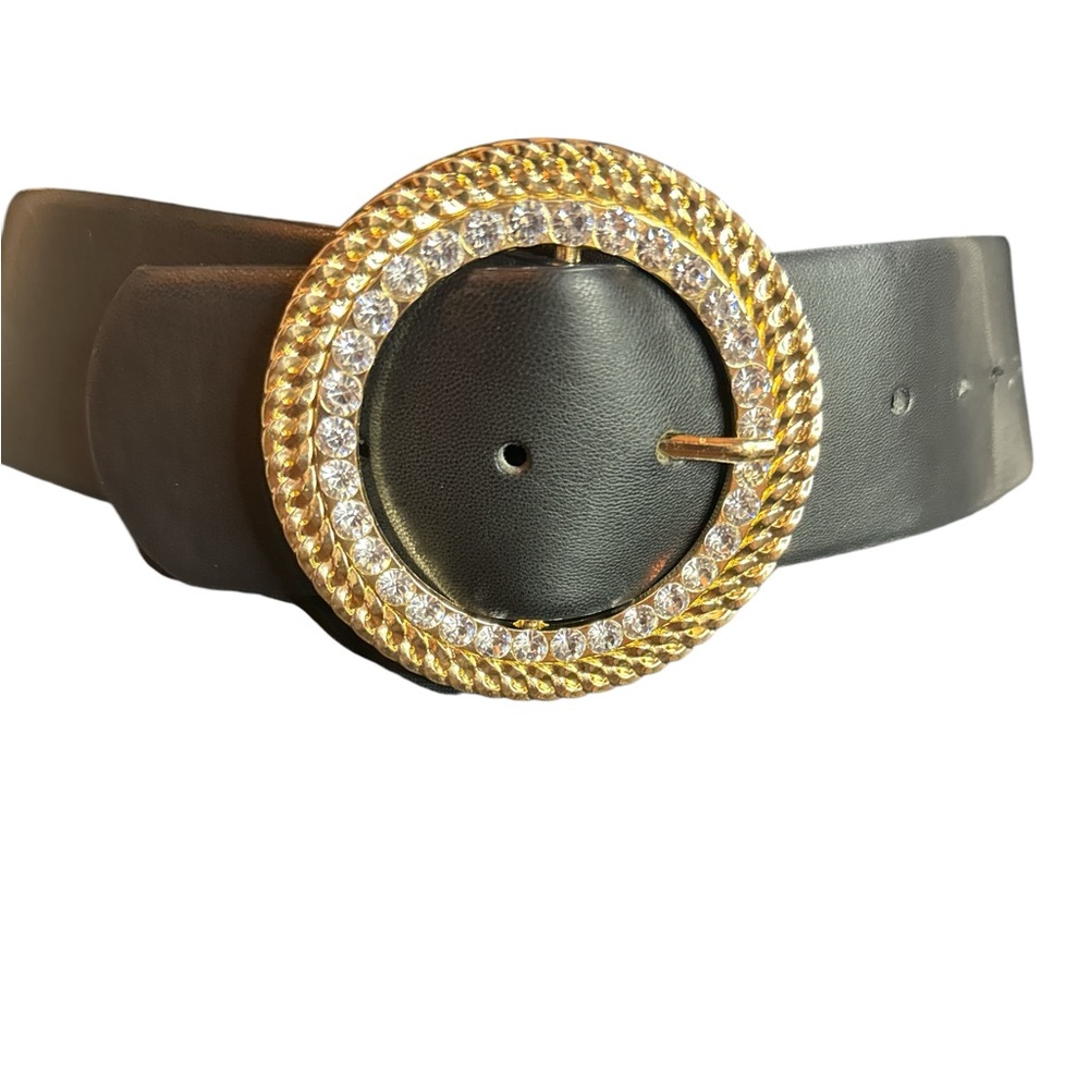 Vince Camuto Wide Belt/Buckle with Gold Trim  nRhinestones faux leather/elastic